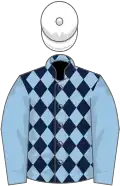 Dark blue and light blue diamonds, light blue sleeves, white cap