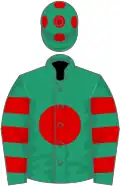 Emerald green, red disc, hooped sleeves, emerald green cap, red spots