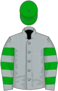 Pearl grey, grass green hooped sleeves, grass green cap