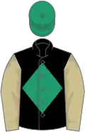 Black, emerald green diamond, beige sleeves, emerald green cap