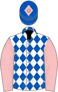 White and royal blue diamonds, pink sleeves, royal blue cap, pink diamond