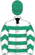 White, emerald green hoops, chevrons on sleeves, emerald green cap