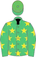 Emerald green, yellow stars, emerald green and light green hooped cap
