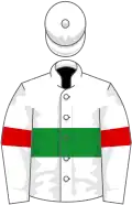 White, green hoop, white sleeves, red armlets, white cap