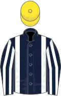 Dark blue, white braces, striped sleeves, yellow cap