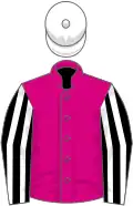 Cerise, black and white striped sleeves, white cap