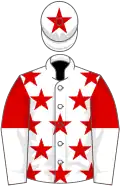 White, red stars, red and white halved sleeves, white cap, red star