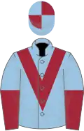 Light blue, maroon chevron, halved sleeves, light blue and maroon quartered cap