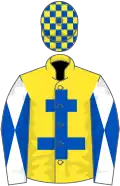Yellow, royal blue cross of lorraine, white sleeves, royal blue diabolo, royal blue and yellow check cap