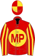 Red, red 'MP' on yellow ball, yellow stripes on sleeves, red and yellow cap