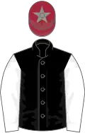 Black, white sleeves, maroon cap, grey star