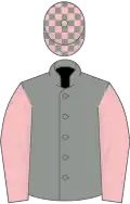 Grey, pink sleeves, check cap