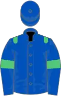 Royal blue, emerald green epaulettes, emerald green armlet, check cap