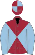 Maroon and light blue diabolo, light blue sleeves, quartered cap