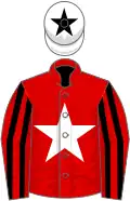 Red, white star, red and black striped sleeves, white cap, black star