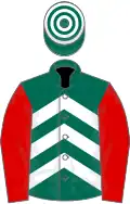 Dark green, white chevrons, red sleeves, dark green and white hooped cap