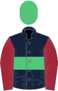 Dark blue, emerald green hoop, maroon sleeves, emerald green cap