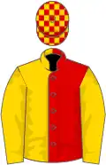 Red and gold (halved), gold sleeves, check cap