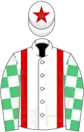 White, red braces, emerald green and white check sleeves, white cap, red star