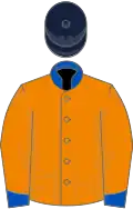 Tangerine, royal blue collar and cuffs, dark blue cap