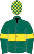 Dark green, yellow hoop and armlets, checked cap