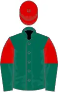 Dark green, red and dark green halved sleeves, red cap