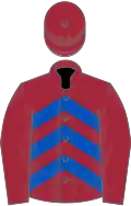 Maroon and royal blue chevrons, maroon sleeves and cap