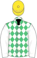 Emerald green and white diamonds, white sleeves, yellow cap