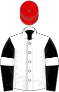 White, black sleeves, white armlets, red cap