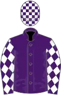 Purple, white diamonds on sleeves, check cap