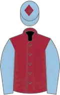 Maroon, light blue sleeves, light blue cap, maroon diamond