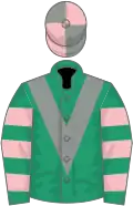 Emerald green, grey chevron, emerald green and pink hooped sleeves, grey and pink quartered cap