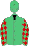 Emerald green, red diamonds on sleeves