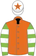 Orange, light green and white hooped sleeves, white cap, orange star