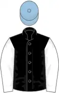 Black, white sleeves, light blue cap