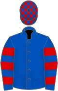 Royal blue, red hooped sleeves, checked cap