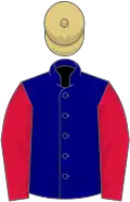 Navy blue bird's-eye, crimson sleeves, straw cap