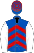 Royal blue, red chevrons, white sleeves, blue cap, red hoops