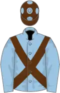 Light blue, brown cross belts, brown cap, light blue spots
