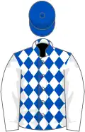 Royal blue and white diamonds, white sleeves, royal blue cap