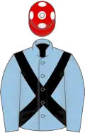 Light blue, black cross belts, red cap, white spots