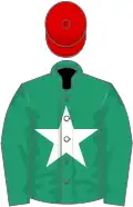 Emerald green, white star, red cap