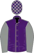 Purple, grey seams and sleeves, purple and grey check cap