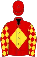 RED, yellow diamond and diamonds on sleeves, red cap