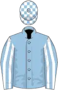 Light blue,white striped slvs, check cap