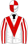 White, red chevron, striped sleeves, quartered cap