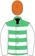 Emerald green, white hoops and sleeves, orange cap