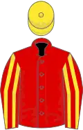 Red, yellow striped sleeves, yellow cap