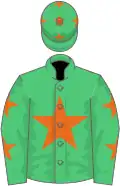 Emerald green, orange star, emerald green sleeves, orange stars and cap