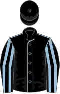 Black, light blue seams, striped sleeves, black cap
